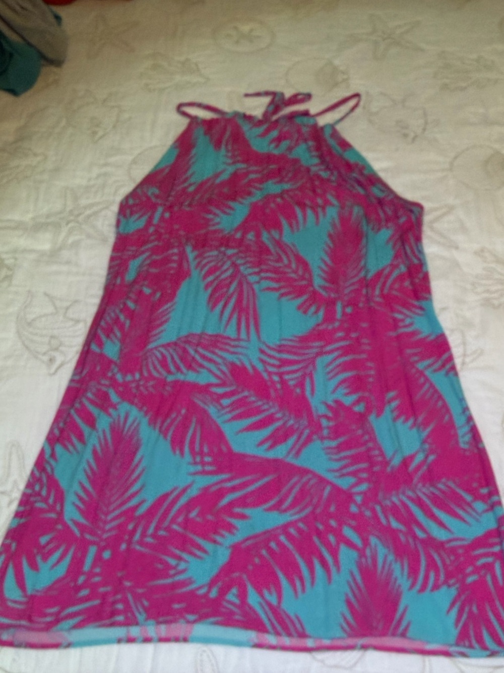 Escapada Tropical Palm Print Halter Dress in Teal and Fuchsia. Size Large